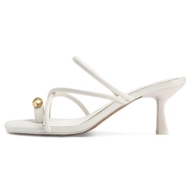 Imagem de Dsevht Sandálias de salto gatinho com tiras, anel, dedo do pé, chinelo stiletto, baixo, curto, salto dental, sem cadarço, bico aberto, sapatos de verão para mulheres, Branco, 38