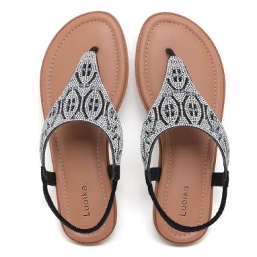 Imagem de Luoika Sandálias rasteiras femininas de largura larga, sandálias de dedo com tiras de strass, confortáveis, sapatos de praia de verão para mulheres., Preto 773, 12.5 X-Wide
