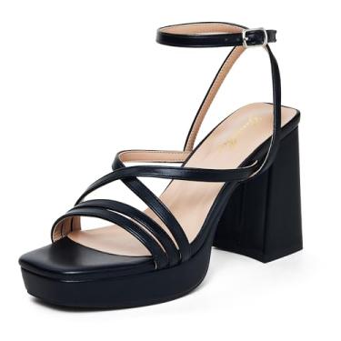 Imagem de GENSHUO Sandálias femininas de salto alto com plataforma grossa com tira no tornozelo e bico quadrado aberto - salto de 10 cm, Preto, 38
