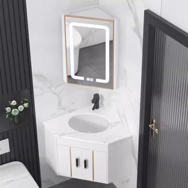 Imagem de Vaidade de canto para banheiro com pia e armário espelhado - Espelho de LED com antiembaçamento, armário de armazenamento montado na parede para espaços pequenos - Armário de pia de banheiro moderno