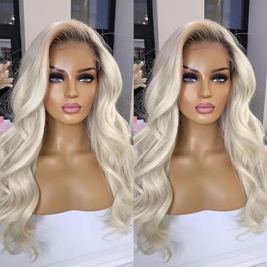 Imagem de Perucas de cabelo humano branco ombré frontal sem cola, 200% platinado, loiro, branco ombré, pré-cortado, 50,8 cm com raízes escuras, cinza prateado, ondulado, ondulado, 13 x 4 UHD, peruca de renda