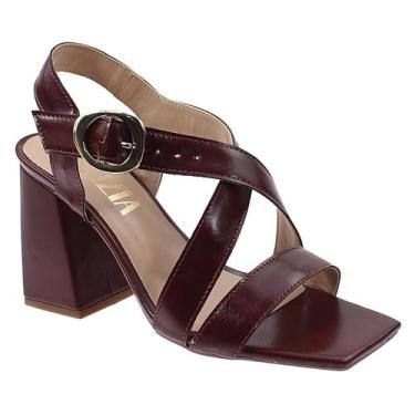 Imagem de Sandália Feminina Véspera Salto Alto Bloco Fivela Tiras Cruzadas Vinho