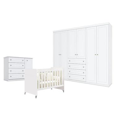 Imagem de Quarto de Bebê Americano 6 Portas com Berço Americano Evolution 4 em 1 Branco Acetinado Reller - Henn