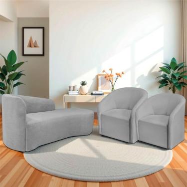 Imagem de Kit Sofá Curvo França 140cm Ld. E 2 Poltronas Luiza Max Conforto, Elegância E Design Moderno Linho Cinza Claro