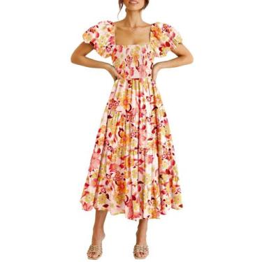 Imagem de Vestido Midi Floral PRETTYGARDEN Laranja Vermelho com Mangas Bufantes 