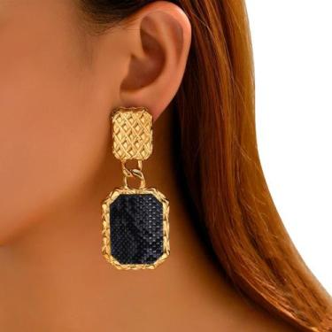 Imagem de Brinco Feminino Delicado Quadrado Luxo Dourado Textura Preto - - anjo 
