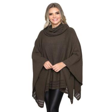 Imagem de Poncho Feminino Tricô Lã Gola Alta Confortavél Tendência Frio - Rosile