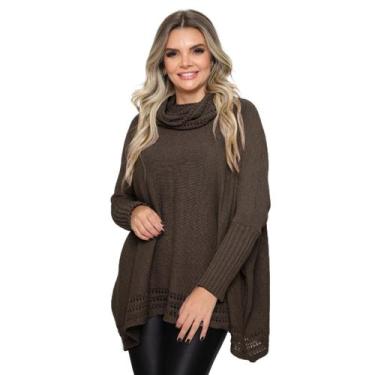 Imagem de Poncho Feminino Tricô Lã Gola Alta Confortavél Tendência Frio - Rosile