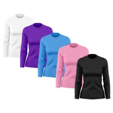 Imagem de Kit 5 Camisetas Feminina Manga Longa Dry Fit Básica Lisa Proteção Sola