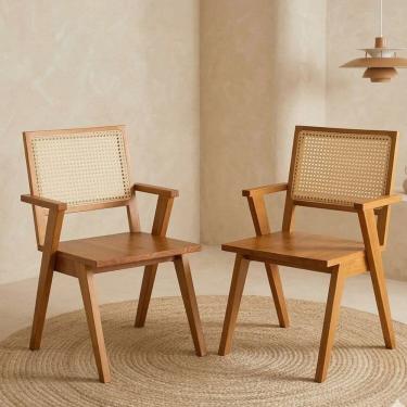 Imagem de Kit 2 Cadeiras Madeira Maciça em Palhinha Natural e Braço Angular Paglia Mel