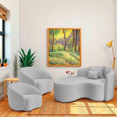 Imagem de Kit Recamier Curvo Sala De Estar 150cm Lado Esquerdo E 2 Poltronas Orgânica Amore Linho Cinza Claro
