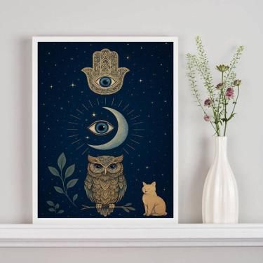 Imagem de Quadro Mistico Hamsa Lua Coruja Gato 45x34cm