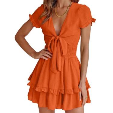 Imagem de Vestido PRETTYGARDEN 2025 Verão Decote V Manga Curta Laranja M