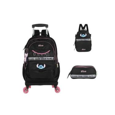 Imagem de Kit Mochila Rodinhas Lancheira Estojo Escolar Stitch Disney, Preto