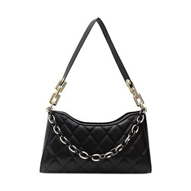 Imagem de Bolsa de ombro feminina de couro acolchoado com corrente, bolsa elegante para axilas, Preto