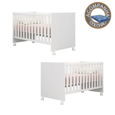 Imagem de Kit Berços Gemeos 2 em 1 Americano Com Rodízios Linha Doce Sonho Com Colchão 130x70 cm Baby Physical Qmovi Ortobom