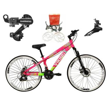 Imagem de Bicicleta Aro 26 Vikingx Tuff  21v Alumínio Câmbios Shimano Freio a Disco Hidráulicos Aros Vmaxx Brancos - Rosa/Verde