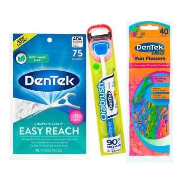 Imagem de Kit Dentek Escova de Língua Orabrush + Fio Dental Easy Reach c/ 75 un + Fio Dental Kids Fun c/ 40 un