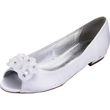Imagem de A shoe store Sandálias femininas de noiva sem salto flor peept Toe sem cadarço vestido de casamento, Branco, 10