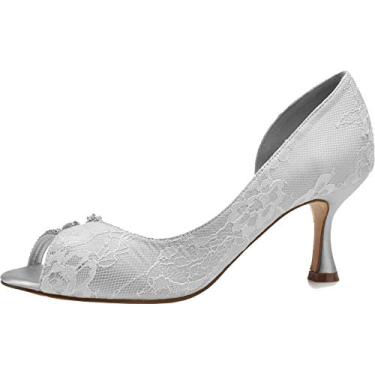 Imagem de Vestido feminino renda D Orsay salto casamento Sandas para noiva Peep Toe vestido de festa formatura noite strass, Prata, 7