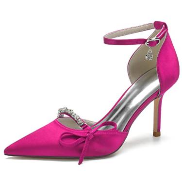 Imagem de Sandália feminina com tira no tornozelo bico fino strass cetim sapatos nó sapatos pingente salto, rosa, 8