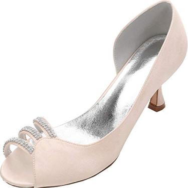 Imagem de Sapatos femininos de casamento salto médio com strass D Orsay salto de casamento festa noiva Peep Toe, Champanhe, 8