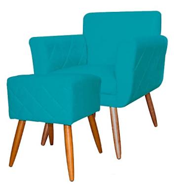 Imagem de Combo Poltrona mais Puff Isabela em Tressê Pés Palito Suede Azul Turquesa - DS Estofados