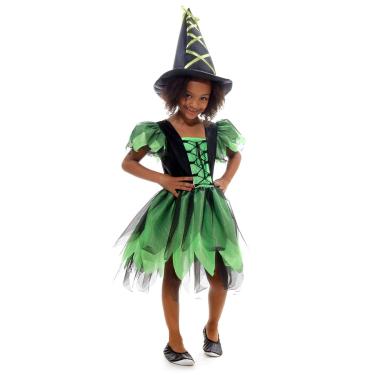 Imagem de Fantasia Bruxa Encantada Verde Luxo Vestido Infantil com Chapéu - Halloween
 P