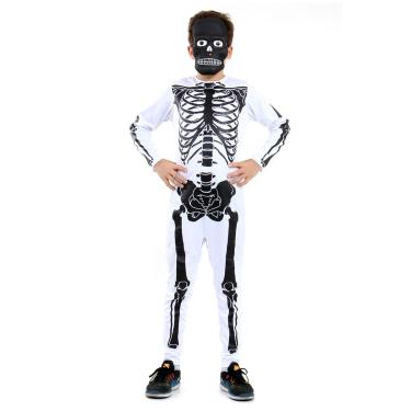 Imagem de Fantasia Esqueleto Branco e Preto Infantil Longo com Máscara - Halloween GG