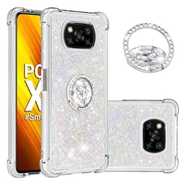 Imagem de LVSHANG Capa de celular para Xiaomi Poco X3 NFC/X3 Pro, série areia movediça glitter fluindo líquido flutuante meninas mulheres capa de telefone com suporte, capa de telefone transparente com amortecedor de poliuretano termoplástico macio