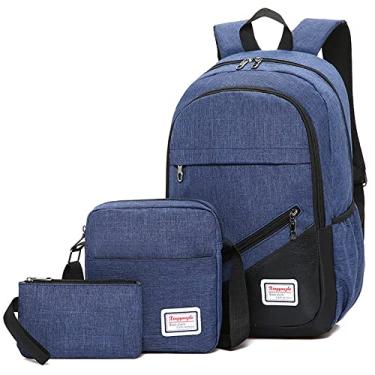 Imagem de Mochila de viagem para laptop 3 peças/conjunto feminino masculino nylon impermeável mochila de negócios para uso diário, mochila casual leve de trabalho, azul marinho, 46 * 30 cm