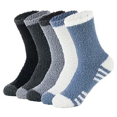 Imagem de Meias Masculinas Felpudas Pantufa Fofas Meias Aconchegantes Unissex Inverno Meias de Dormir Meias de Lã Femininas, Black & White & Blue & Dark Grey & Grey, tamanho �nico