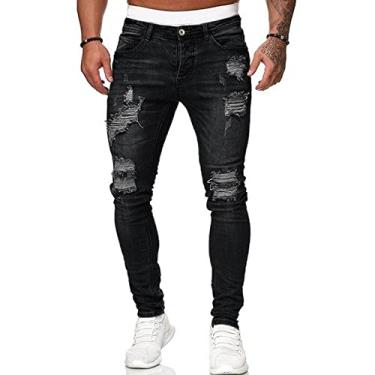 Imagem de Bestgift Calça masculina com furos, calça jeans branca e fina, calça de perna pequena, masculina, Preto, G