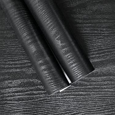 Imagem de Papel de parede texturizado de madeira de grão preto fosco da Yancorp em papel de contato de madeira branco, filme de vinil, forro de prateleira de papel de parede autoadesivo, bancada removível, 24"x120", Black Wood