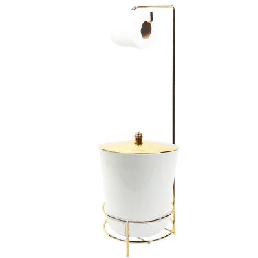Imagem de Suporte Porta Papel Higiênico lixeira Branco 5 Litros Com Tampa Dourada Cesto Lixo Banheiro - AMZ