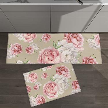 Imagem de Conjunto de 2 tapetes de cozinha vintage aquarela rosa flor rosa fundo marrom para tapetes e tapetes antiderrapantes absorventes corredor confortável tapete de pé