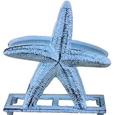 Imagem de Porta-guardanapos de estrela do mar rústico, azul escuro, branco, lavado, de ferro fundido, 15 cm, decoração de estrela-do-mar, cozinha de praia