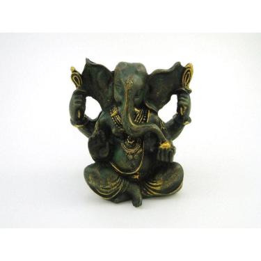 Imagem de Estátua Ganesha Sentado Verde E Dourado Resina 12 Cm