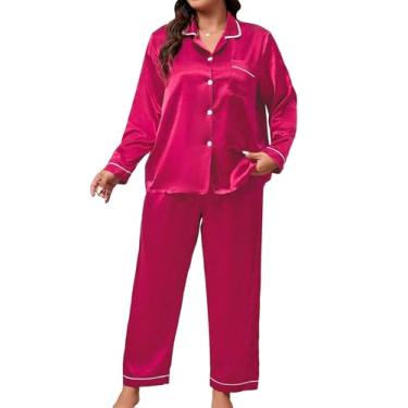 Imagem de COZYEASE Conjunto de pijama feminino plus size de 2 peças de cetim com botões e camisa de manga comprida, Vermelho violeta, 3X-Large Plus