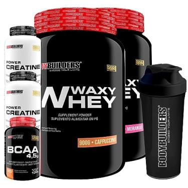 Imagem de Kit 2x Waxy Whey Protein 900g + 2x Power Creatina 100g + BCAA 4,5 100g + Coqueteleira - Bodybuilders (Morango e Cappuccino)
