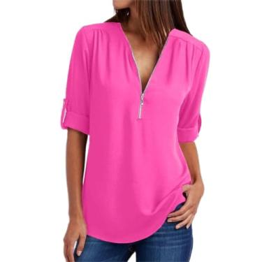 Imagem de Camisetas femininas de chiffon gola V para mulheres, caimento solto, longa, básica, outono, verão, 2024, moda Y2K, C-164 Rosa choque, 5X-Large