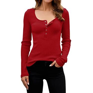 Imagem de Camisetas femininas Henley de manga comprida com botões, caimento justo, gola canoa, malha canelada, suéteres quentes para mulheres de inverno, Vermelho, M