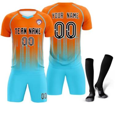 Imagem de Camisa de futebol personalizada uniforme de treino de futebol impresso logotipo com número de nome para crianças adultas, Laranja, azul lago e preto-23, One Size