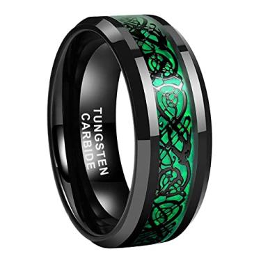 Imagem de TUTISS Anéis de tungstênio preto com revestimento de dragão celta de fibra de carbono e 8 mm, 8 mm, vermelho, verde, roxo, para homens, mulheres, alianças de casamento, bordas chanfradas, ajuste confortável, Metal não precioso, Sem pedra preciosa