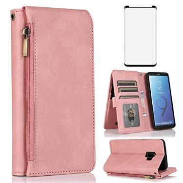Imagem de Asuwish Capa carteira compatível com Samsung Galaxy S9, protetor de tela de vidro temperado e zíper retrô de couro, suporte para cartão, acessórios para celular para mulheres S 9 Edge 9S GS9 ouro rosa