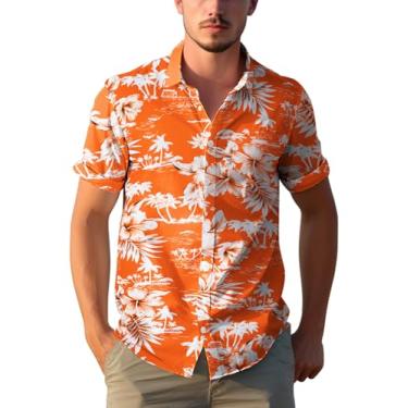 Imagem de Yoimira Camisa masculina havaiana manga curta, estampada, casual, abotoada, floral, verão, praia, Flores de laranja, M