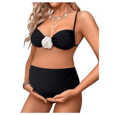 Imagem de BEAUDRM Conjunto de biquíni feminino de duas peças, conjunto de biquíni com laço nas costas 3D rosa cintura alta, roupa de praia, Preto, G