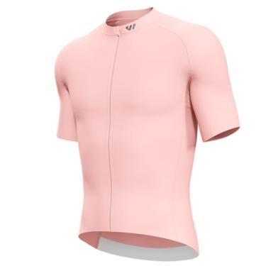 Imagem de Lo.gas Camisa de ciclismo masculina de manga curta, zíper completo com bolsos, roupas de bicicleta respiráveis de secagem rápida, Rosa curto, G