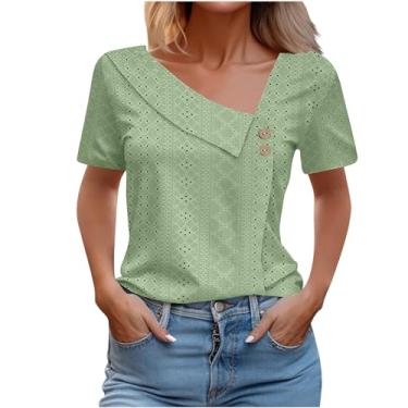 Imagem de Camiseta feminina de verão com ilhós, cor sólida, gola V, botões, caimento solto, casual, túnica para sair, Verde menta, GG