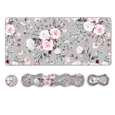 Imagem de Mouse pad estendido atualizado para jogos, teclado de descanso de pulso, conjunto de mousepad de suporte de pulso, Artso grande base de borracha estável bordas costuradas, tapete de mesa multifuncional (89 x 39,3 cm) para trabalho, jogo, rosa cinza